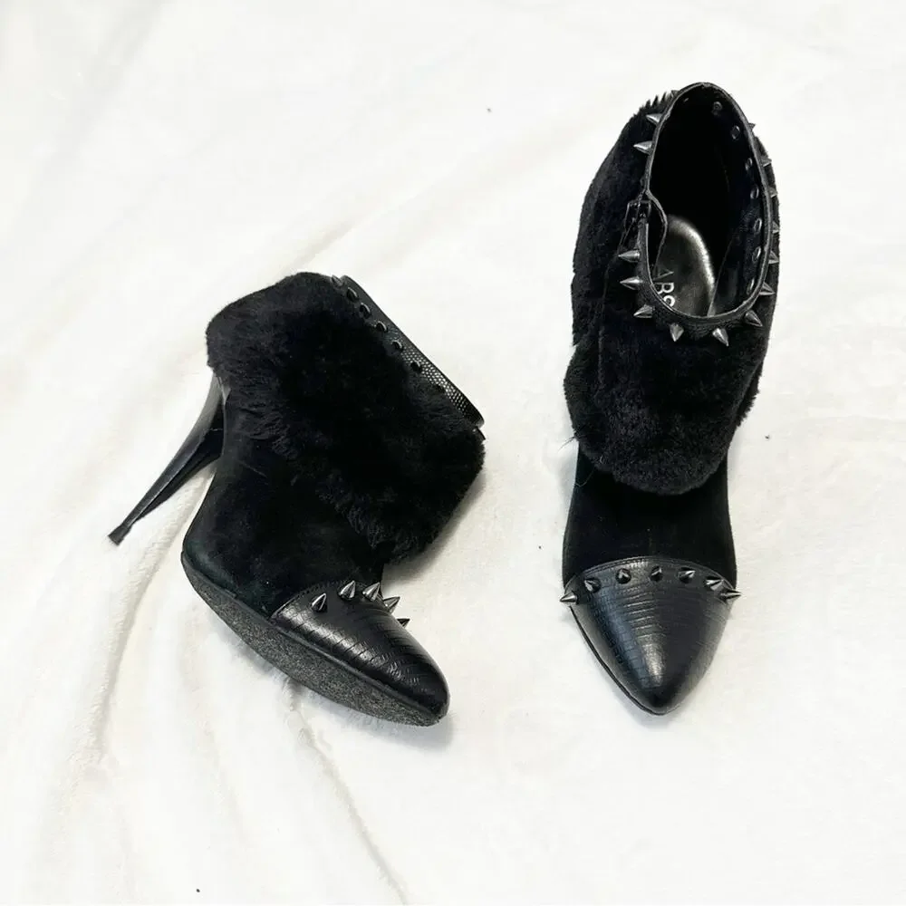 ABS Allen Schwartz Black Studded Ankle Boots fur heeled booties spiked size 8